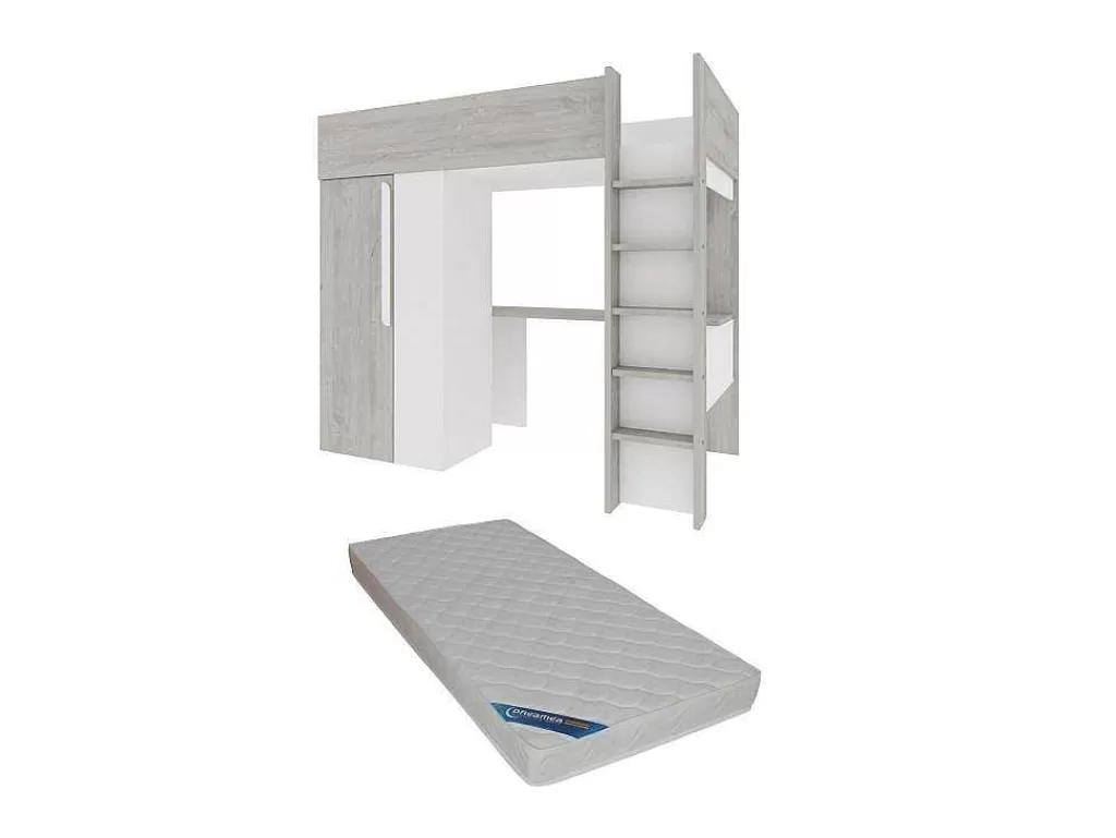 Cama Alta*Vente-unique Cama Alta 90X200 Cm Com Roupeiro E Secretária Cinza Natural E Branco + Colchão - Nicolas