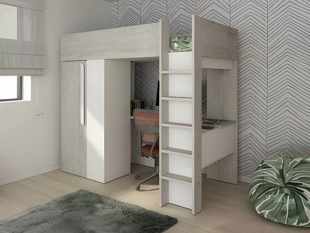 Cama Alta*Vente-unique Cama Alta 90X200 Cm Com Roupeiro E Secretária, Cinza Natural E Branco - Nicolas