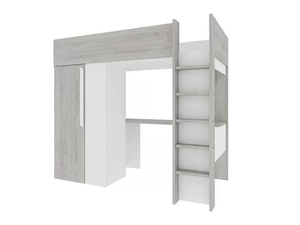 Cama Alta*Vente-unique Cama Alta 90X200 Cm Com Roupeiro E Secretária, Cinza Natural E Branco - Nicolas