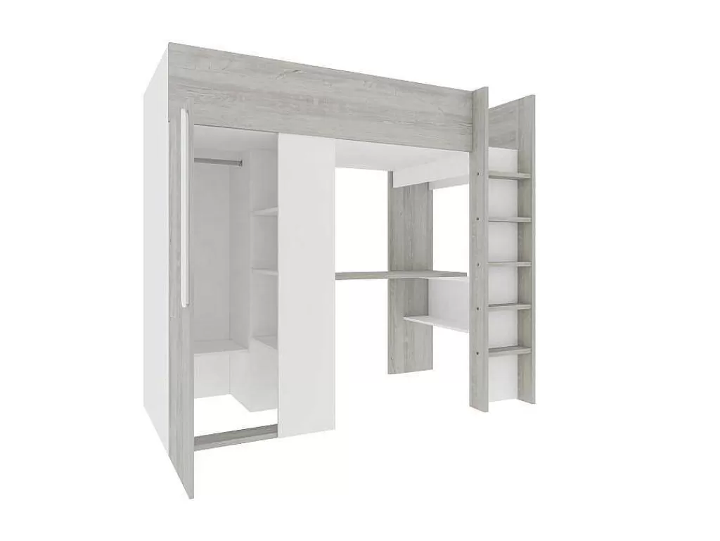 Cama Alta*Vente-unique Cama Alta 90X200 Cm Com Roupeiro E Secretária, Cinza Natural E Branco - Nicolas