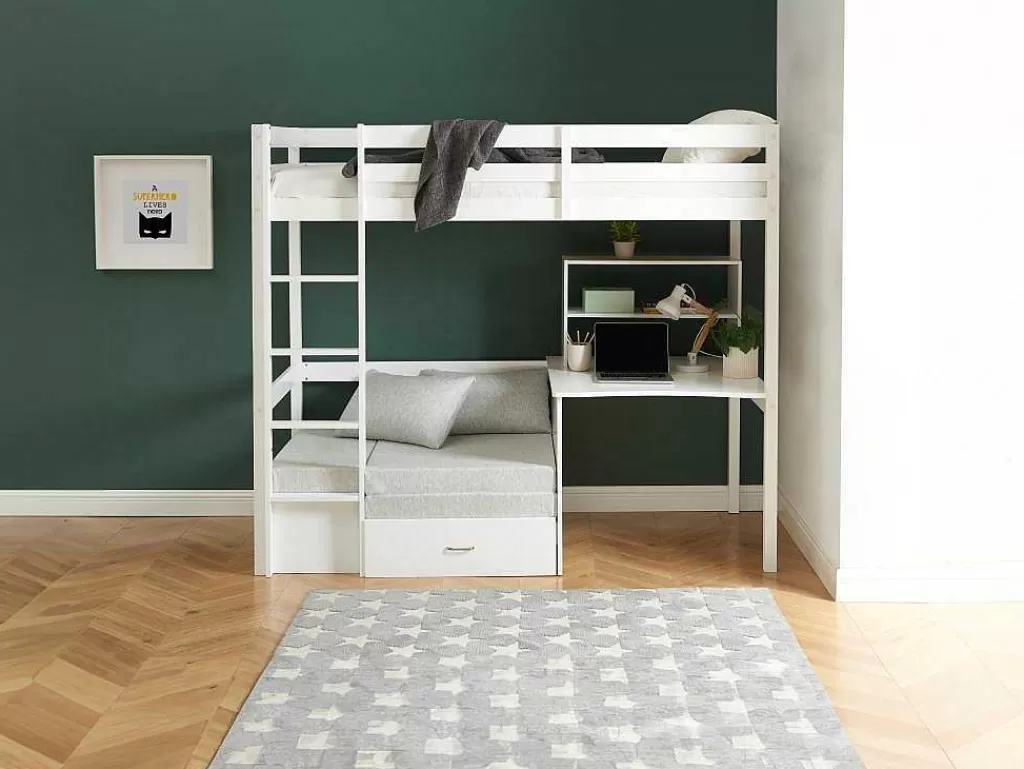 Cama Alta*Vente-unique Cama Alta 90X200 Cm Com Secretária, Sofá Convertivel E Espacos De Arrumação Pinho Macico Esbranquicado + Colchão - Goliath Iii
