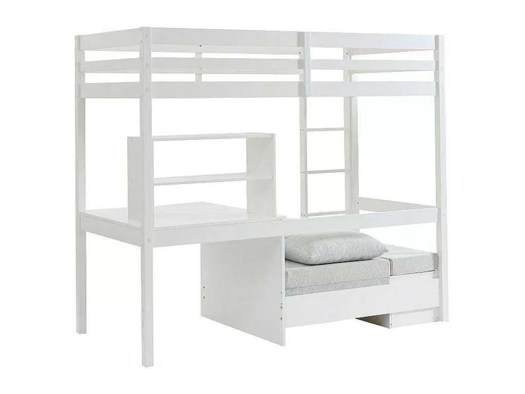 Cama Alta*Vente-unique Cama Alta 90X200 Cm Com Secretária, Sofá Convertivel E Espacos De Arrumação Pinho Macico Esbranquicado + Colchão - Goliath Iii