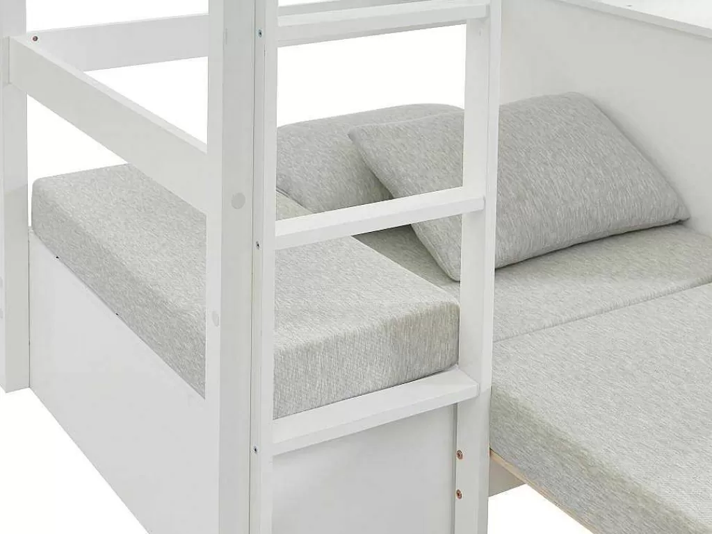 Cama Alta*Vente-unique Cama Alta 90X200 Cm Com Secretária, Sofá Convertivel E Espacos De Arrumação Pinho Macico Esbranquicado + Colchão - Goliath Iii