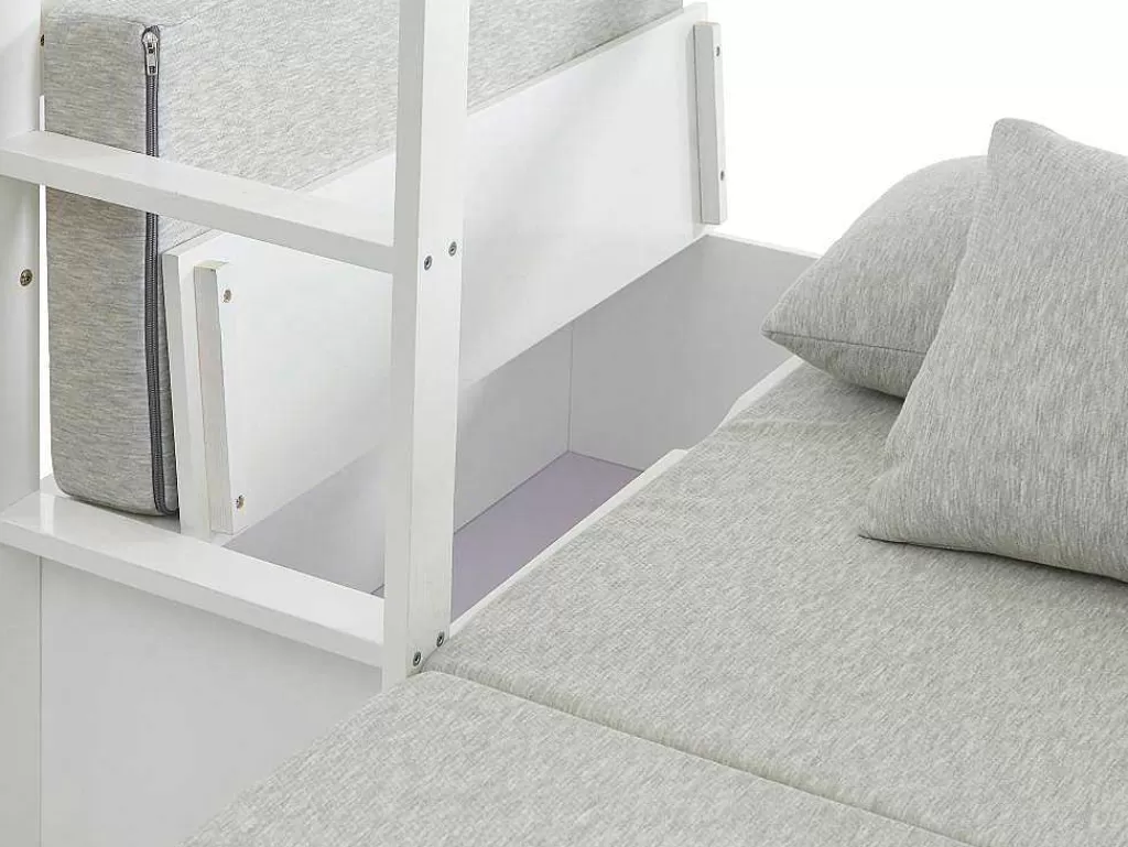 Cama Alta*Vente-unique Cama Alta 90X200 Cm Com Secretária, Sofá Convertivel E Espacos De Arrumação Pinho Macico Esbranquicado + Colchão - Goliath Iii