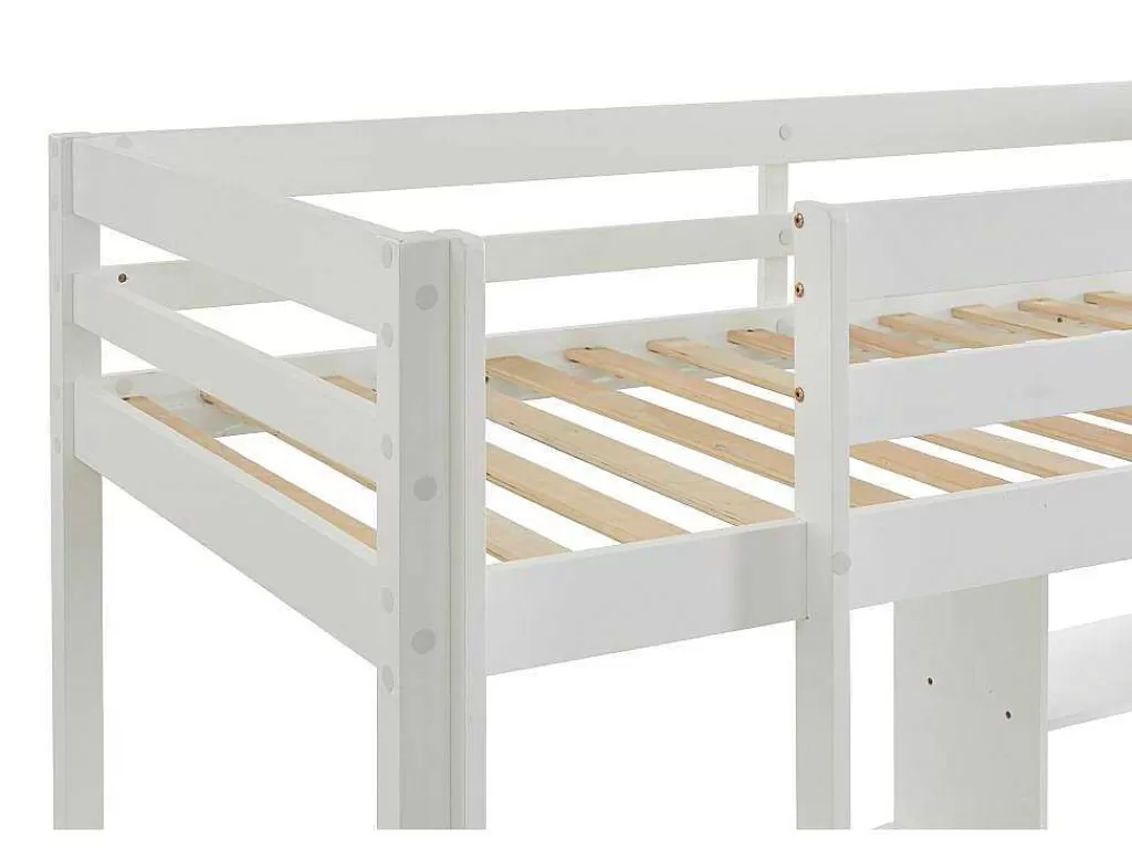 Cama Alta*Vente-unique Cama Alta 90X200 Cm Com Secretária, Sofá Convertivel E Espacos De Arrumação Pinho Macico Esbranquicado + Colchão - Goliath Iii