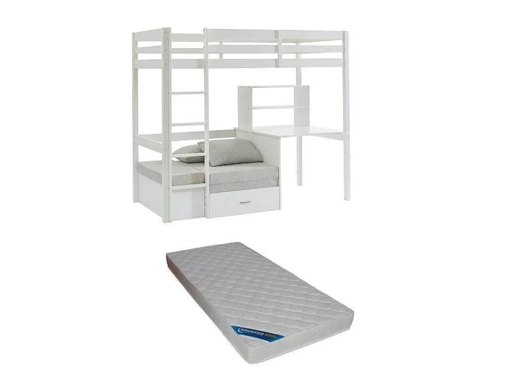 Cama Alta*Vente-unique Cama Alta 90X200 Cm Com Secretária, Sofá Convertivel E Espacos De Arrumação Pinho Macico Esbranquicado + Colchão - Goliath Iii