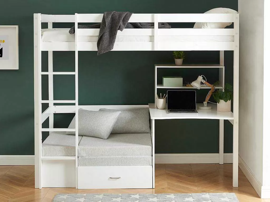 Cama Alta*Vente-unique Cama Alta 90X200 Cm Com Secretária, Sofá Convertivel E Espacos De Arrumação Pinho Macico Esbranquicado + Colchão - Goliath Iii