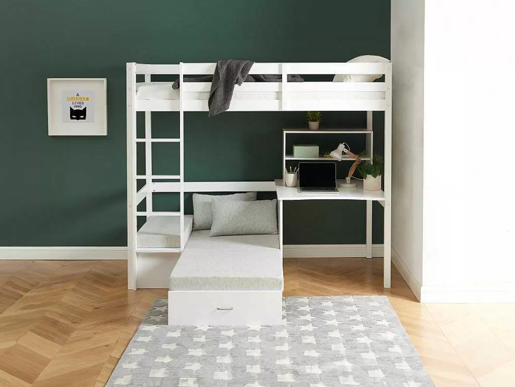 Cama Alta*Vente-unique Cama Alta 90X200 Cm Com Secretária, Sofá Convertivel E Espacos De Arrumação Pinho Macico Esbranquicado + Colchão - Goliath Iii