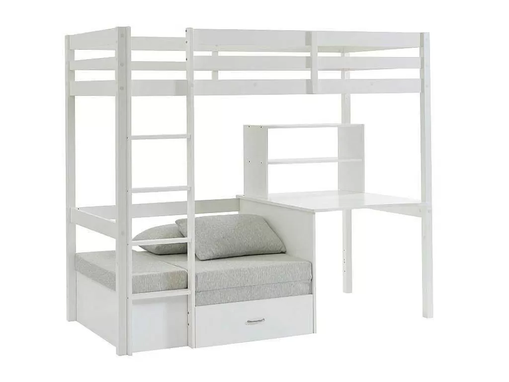 Cama Alta*Vente-unique Cama Alta 90X200 Cm Com Secretária, Sofá Convertivel E Espacos De Arrumação Pinho Macico Esbranquicado + Colchão - Goliath Iii