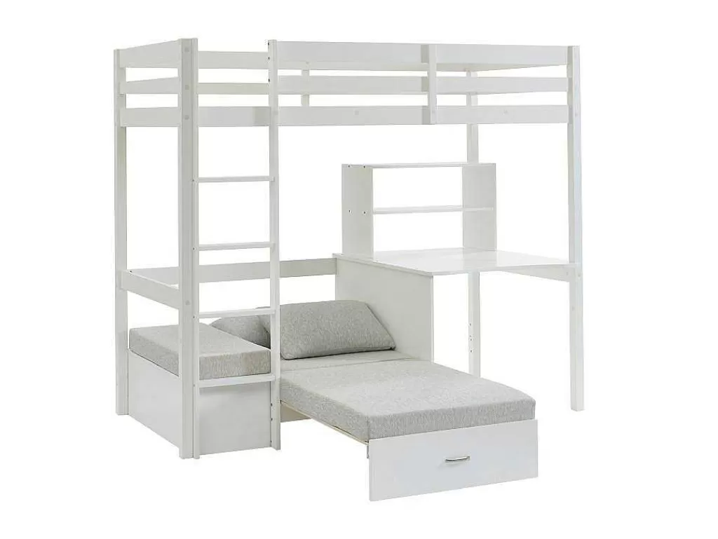 Cama Alta*Vente-unique Cama Alta 90X200 Cm Com Secretária, Sofá Convertivel E Espacos De Arrumação Pinho Macico Esbranquicado + Colchão - Goliath Iii