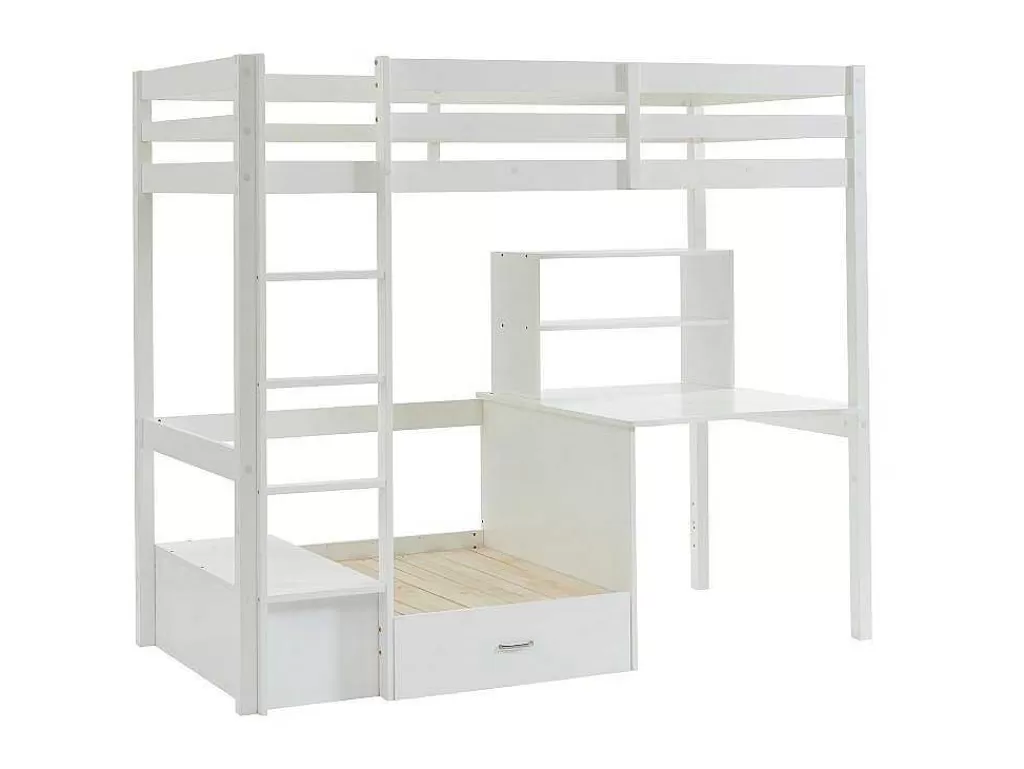 Cama Alta*Vente-unique Cama Alta 90X200 Cm Com Secretária, Sofá Convertivel E Espacos De Arrumação Pinho Macico Esbranquicado + Colchão - Goliath Iii