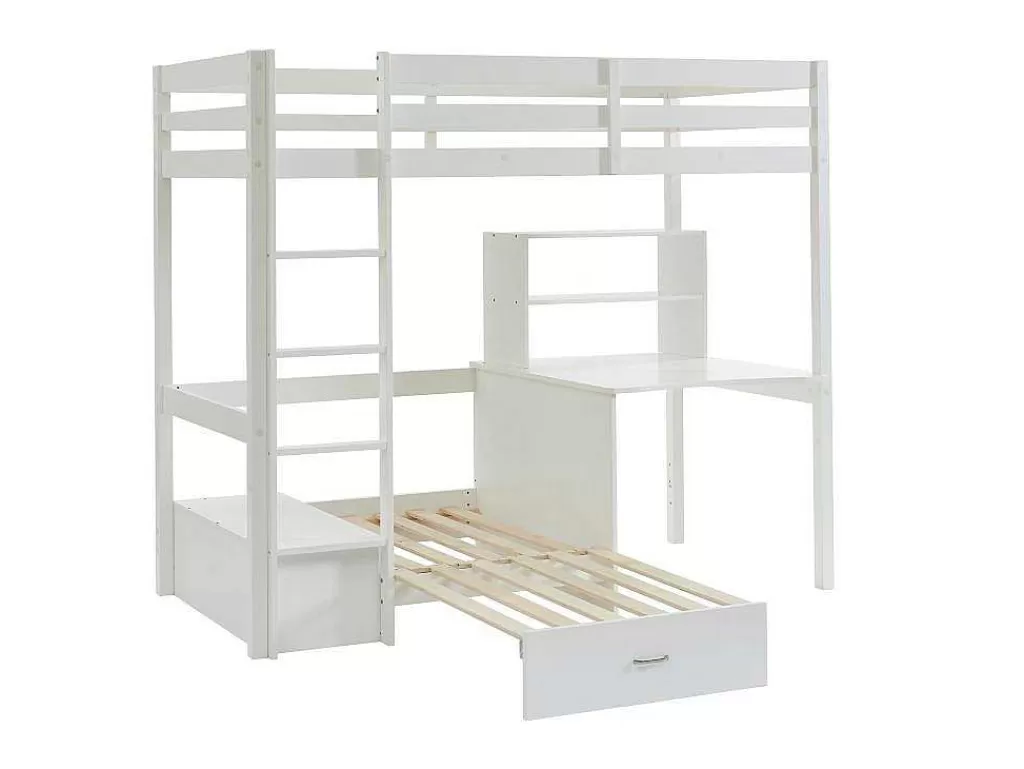 Cama Alta*Vente-unique Cama Alta 90X200 Cm Com Secretária, Sofá Convertivel E Espacos De Arrumação Pinho Macico Esbranquicado + Colchão - Goliath Iii