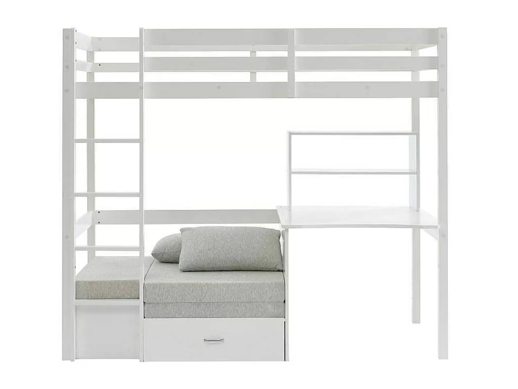 Cama Alta*Vente-unique Cama Alta 90X200 Cm Com Secretária, Sofá Convertivel E Espacos De Arrumação Pinho Macico Esbranquicado + Colchão - Goliath Iii