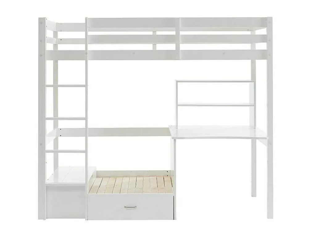 Cama Alta*Vente-unique Cama Alta 90X200 Cm Com Secretária, Sofá Convertivel E Espacos De Arrumação Pinho Macico Esbranquicado + Colchão - Goliath Iii