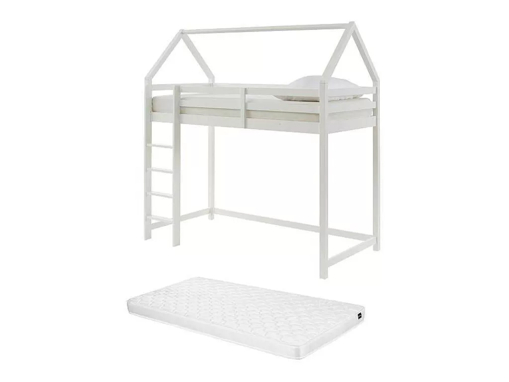 Cama Alta*Vente-unique Cama Alta Cabana De 90 X 190 Cm Em Pinho Cor Branco + Colchão - Tarzia
