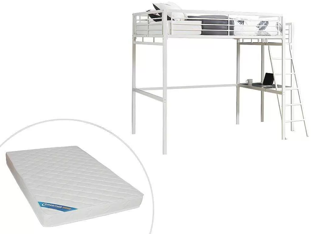 Cama Alta*Vente-unique Cama Alta Casual Ii - 140 X 190 Cm - Tampo De Secretária - Branco + Colchão