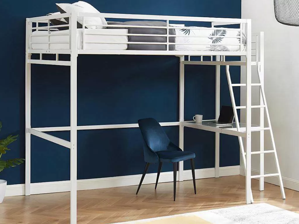 Cama Alta*Vente-unique Cama Alta Casual Ii - 140 X 190 Cm - Tampo De Secretária - Branco + Colchão