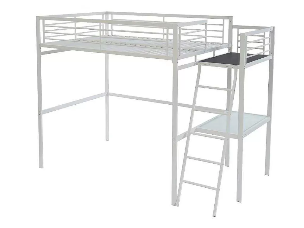 Cama Alta*Vente-unique Cama Alta Casual Ii - 140 X 190 Cm - Tampo De Secretária - Branco + Colchão