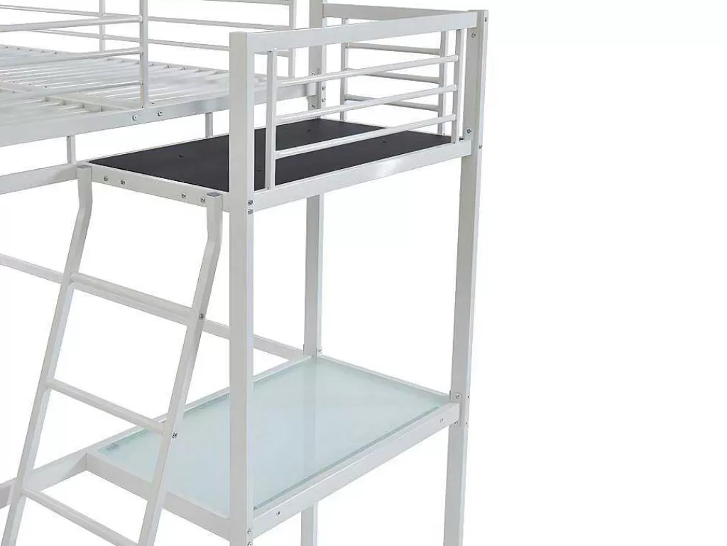 Cama Alta*Vente-unique Cama Alta Casual Ii - 140 X 190 Cm - Tampo De Secretária - Branco + Colchão