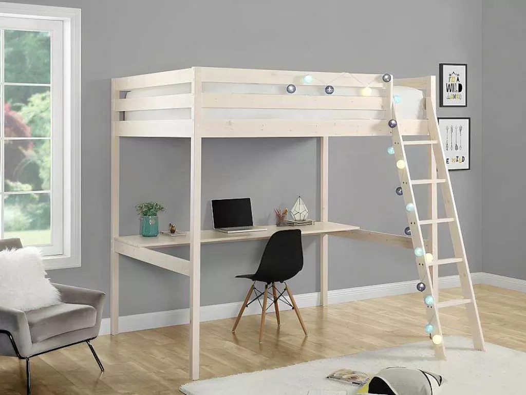 Cama Alta*Vente-unique Cama Alta Com Posto De Trabalho 140X190 Cm Em Pinho Macico Branqueado - Gedeon