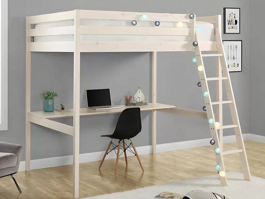 Cama Alta*Vente-unique Cama Alta Com Posto De Trabalho 140X190 Cm Em Pinho Macico Branqueado - Gedeon