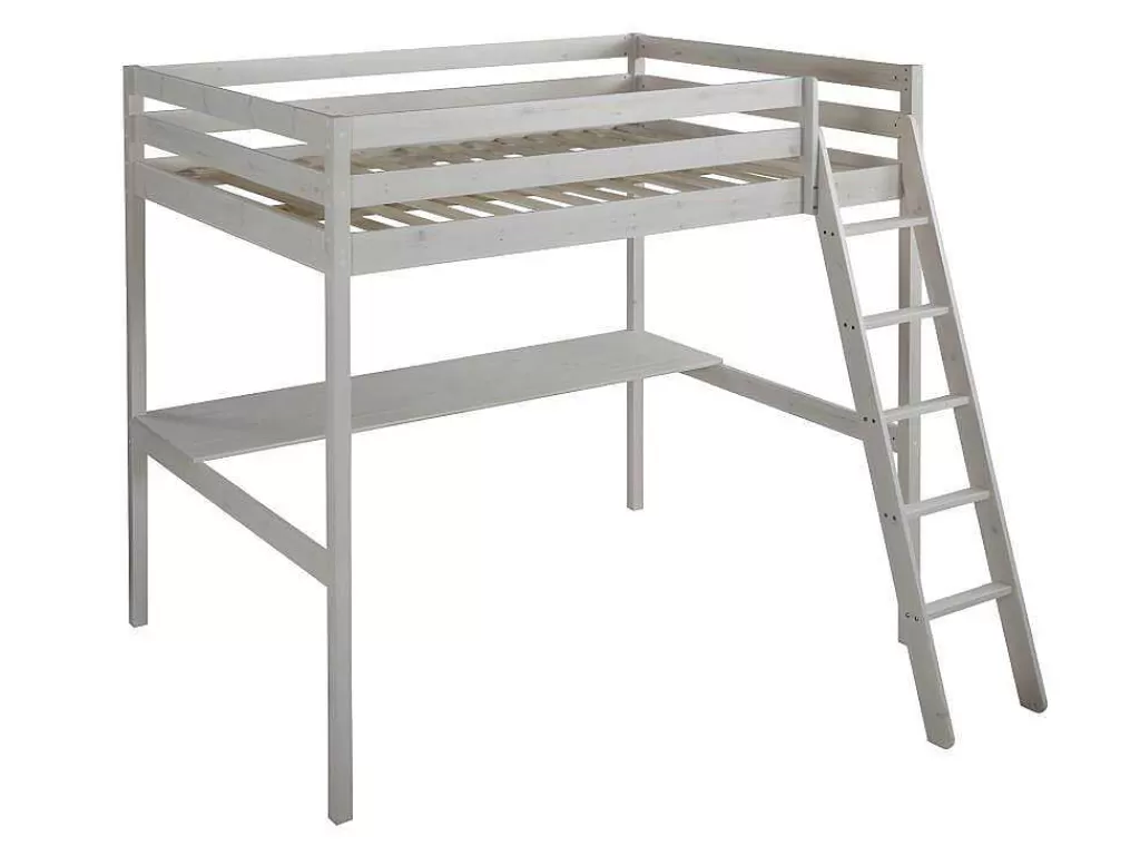 Cama Alta*Vente-unique Cama Alta Com Posto De Trabalho 140X190 Cm Em Pinho Macico Branqueado - Gedeon