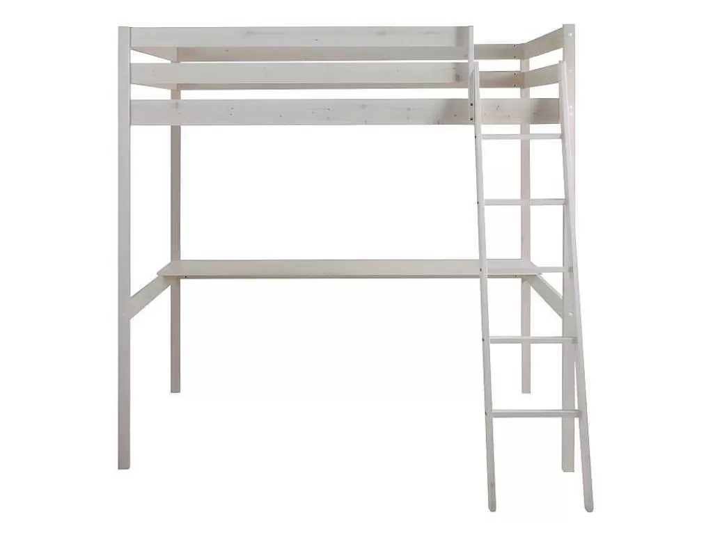 Cama Alta*Vente-unique Cama Alta Com Posto De Trabalho 140X190 Cm Em Pinho Macico Branqueado - Gedeon
