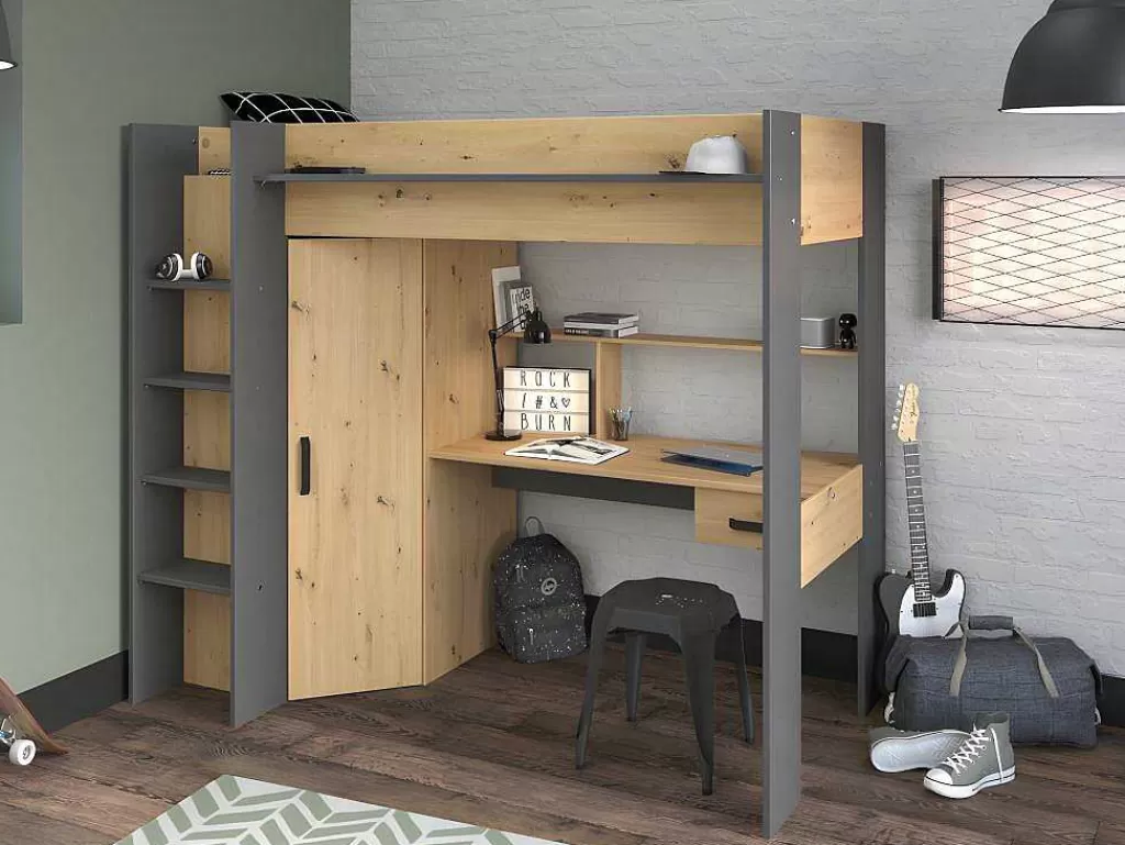 Cama Alta*Vente-unique Cama Alta Com Secretária E Armário De 90 X 200 Cm Cor Carvalho E Antracite - Auckland