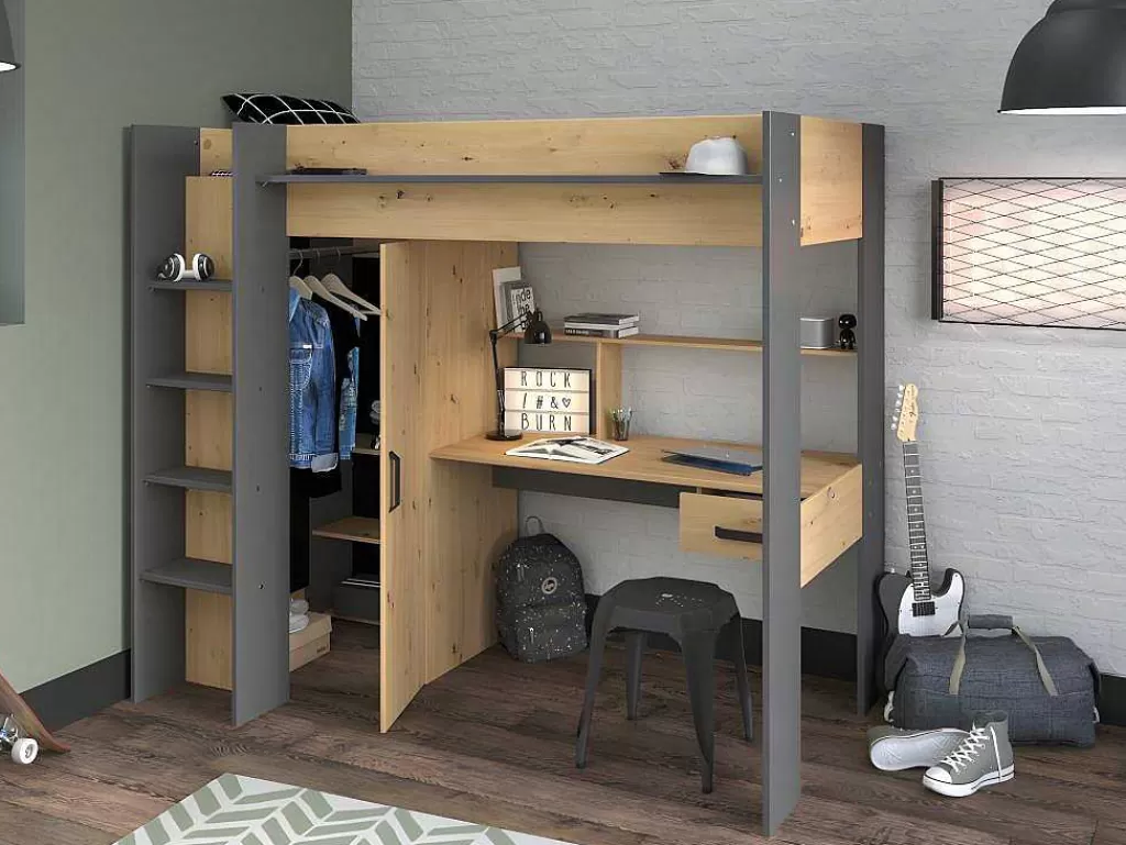 Cama Alta*Vente-unique Cama Alta Com Secretária E Armário De 90 X 200 Cm Cor Carvalho E Antracite - Auckland