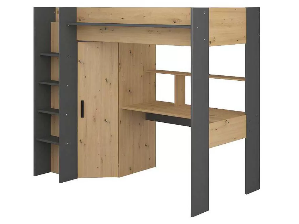 Cama Alta*Vente-unique Cama Alta Com Secretária E Armário De 90 X 200 Cm Cor Carvalho E Antracite - Auckland