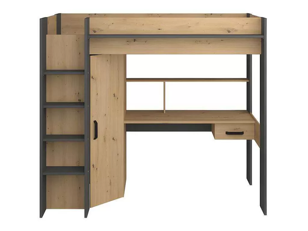 Cama Alta*Vente-unique Cama Alta Com Secretária E Armário De 90 X 200 Cm Cor Carvalho E Antracite - Auckland