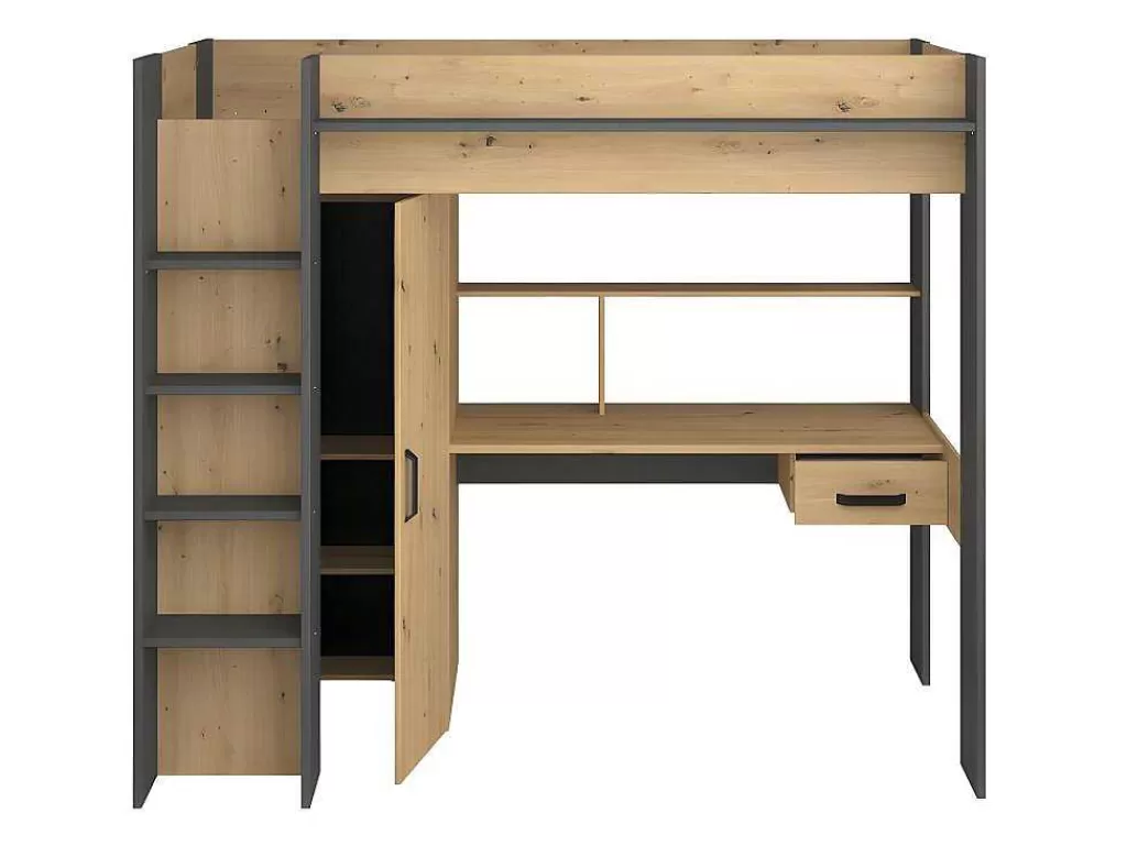 Cama Alta*Vente-unique Cama Alta Com Secretária E Armário De 90 X 200 Cm Cor Carvalho E Antracite - Auckland