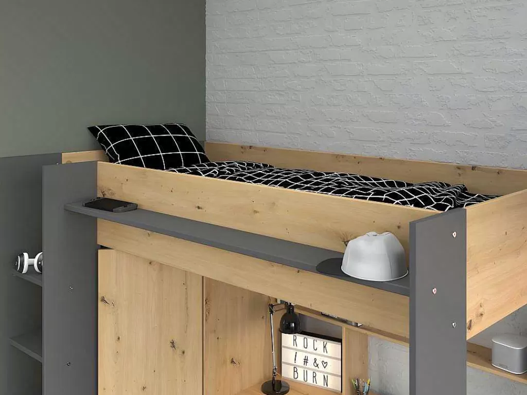 Cama Alta*Vente-unique Cama Alta Com Secretária E Armário De 90 X 200 Cm Cor Carvalho E Antracite - Auckland