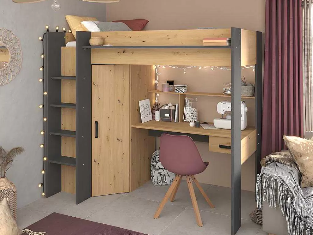 Cama Alta*Vente-unique Cama Alta Com Secretária E Armário De 90 X 200 Cm Cor Carvalho E Antracite + Colchão - Auckland