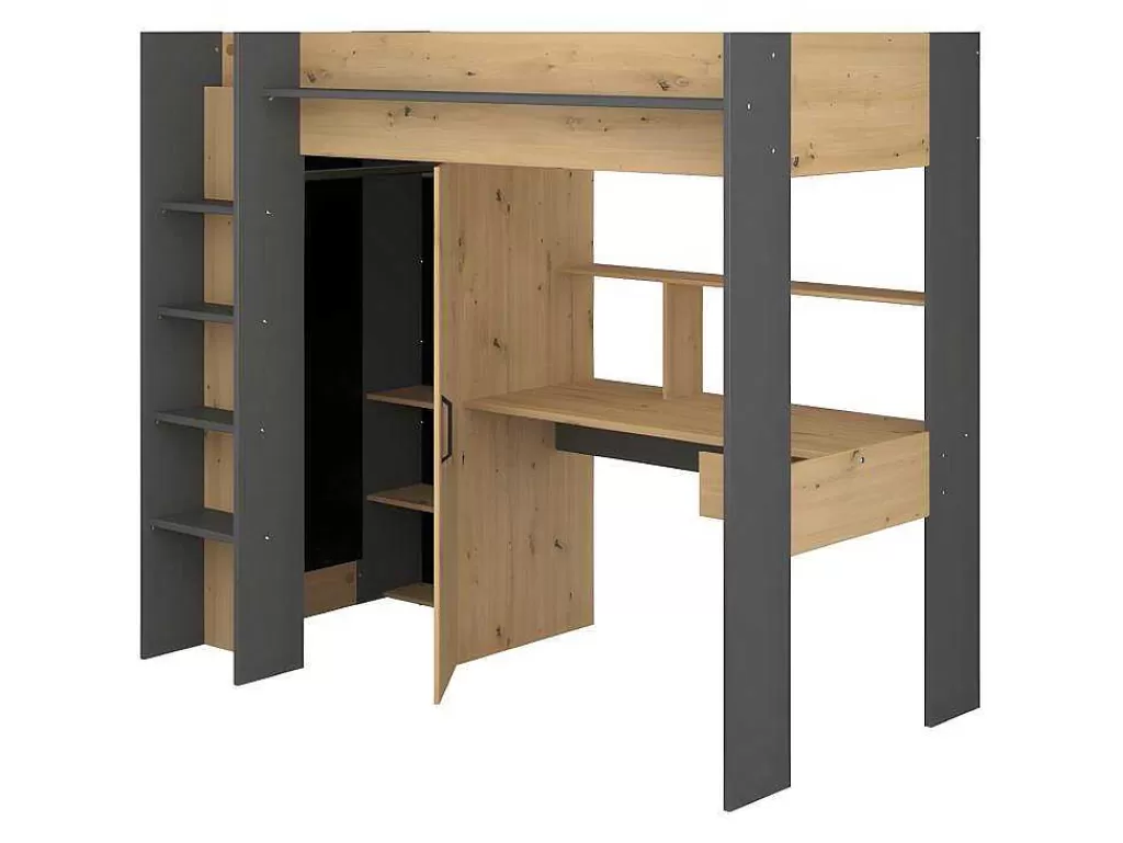 Cama Alta*Vente-unique Cama Alta Com Secretária E Armário De 90 X 200 Cm Cor Carvalho E Antracite + Colchão - Auckland