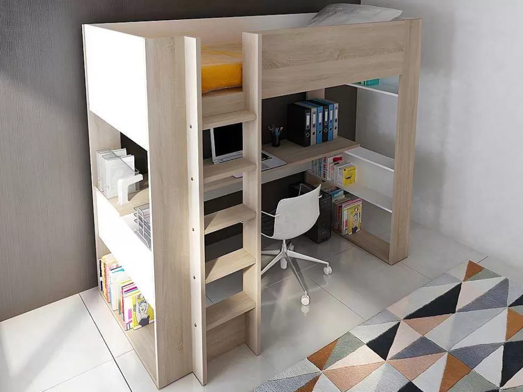 Cama Alta*Vente-unique Cama Alta Com Secretária E Arrumação Integradas 90X200 Cm Carvalho - Noah