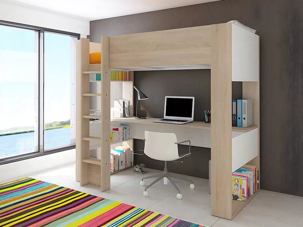 Cama Alta*Vente-unique Cama Alta Com Secretária E Espacos De Arrumação Integrados 90 X 200 Cm Carvalho E Branco + Colchão - Noah Ii