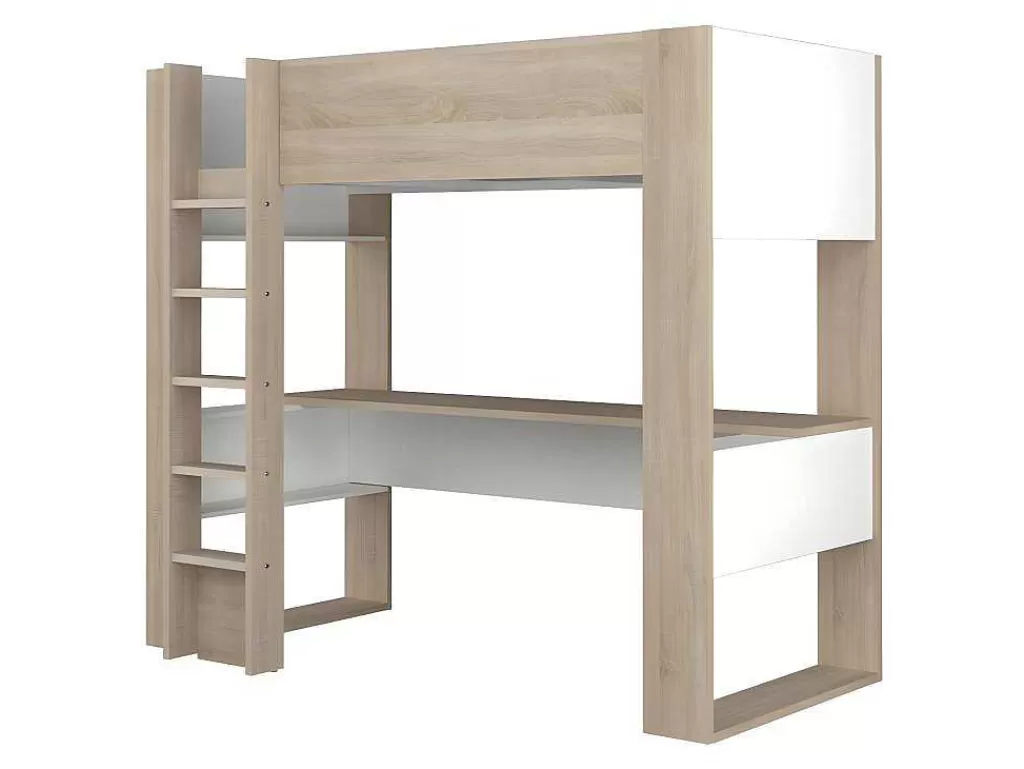 Cama Alta*Vente-unique Cama Alta Com Secretária E Espacos De Arrumação Integrados 90 X 200 Cm Carvalho E Branco + Colchão - Noah Ii