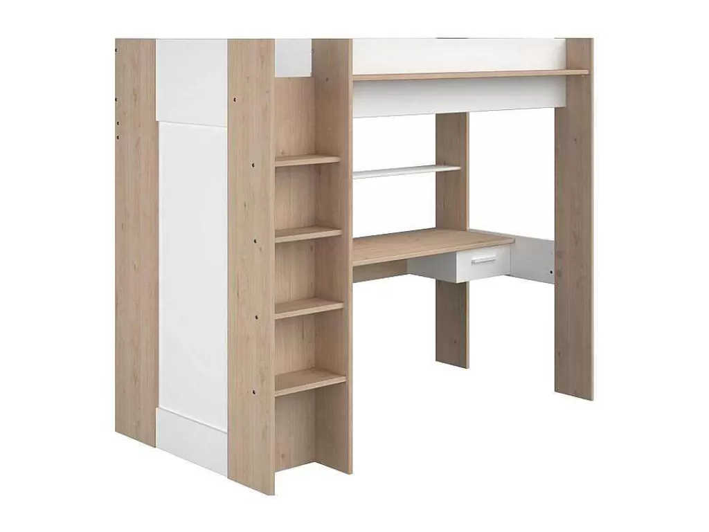Cama Alta*Vente-unique Cama Alta Com Secretária E Guarda-Roupa 90 X 200 Cm Cor Branco E Natural - Auckland