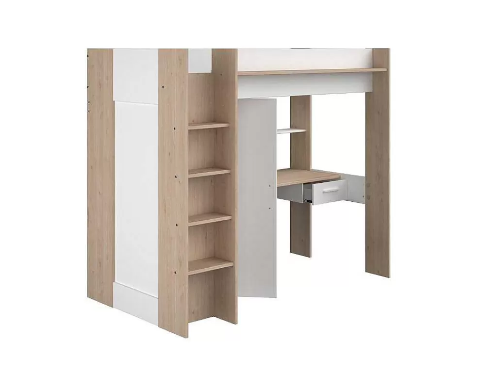 Cama Alta*Vente-unique Cama Alta Com Secretária E Guarda-Roupa 90 X 200 Cm Cor Branco E Natural - Auckland