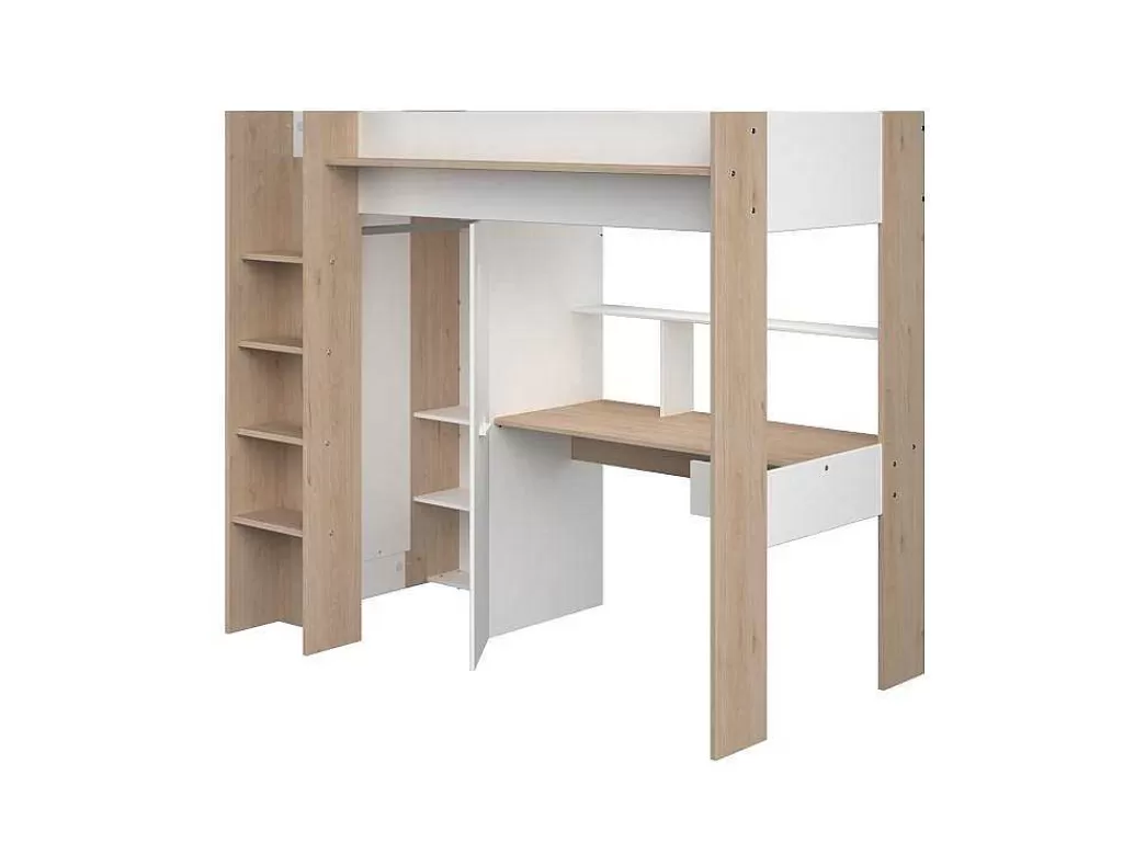 Cama Alta*Vente-unique Cama Alta Com Secretária E Guarda-Roupa 90 X 200 Cm Cor Branco E Natural - Auckland