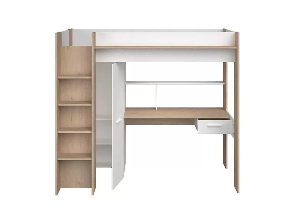 Cama Alta*Vente-unique Cama Alta Com Secretária E Guarda-Roupa 90 X 200 Cm Cor Branco E Natural - Auckland