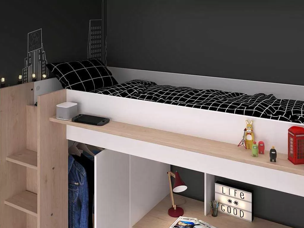 Cama Alta*Vente-unique Cama Alta Com Secretária E Guarda-Roupa 90 X 200 Cm Cor Branco E Natural - Auckland