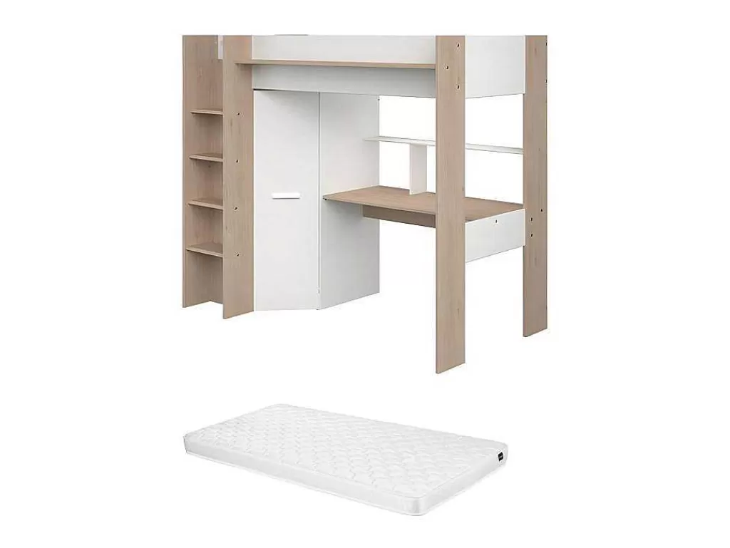 Cama Alta*Vente-unique Cama Alta Com Secretária E Guarda-Roupa 90 X 200 Cm Cor Branco E Natural + Colchão - Auckland