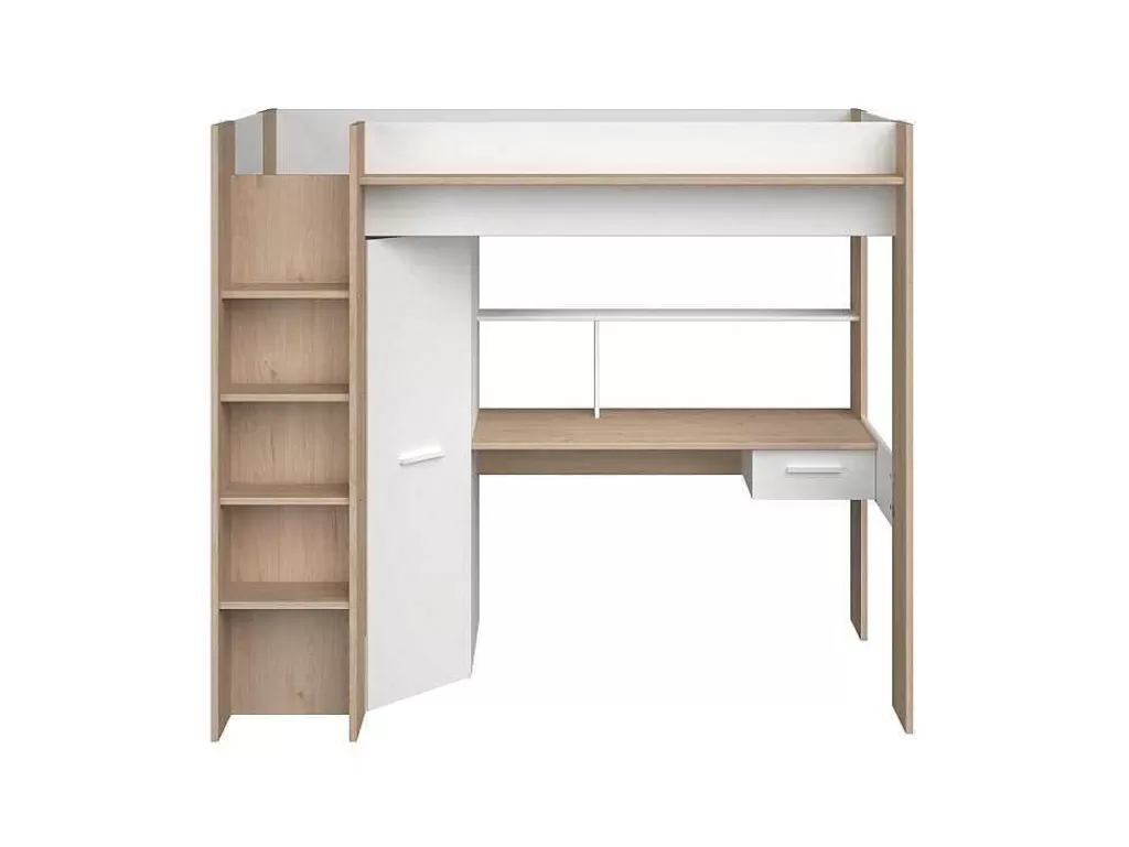 Cama Alta*Vente-unique Cama Alta Com Secretária E Guarda-Roupa 90 X 200 Cm Cor Branco E Natural + Colchão - Auckland