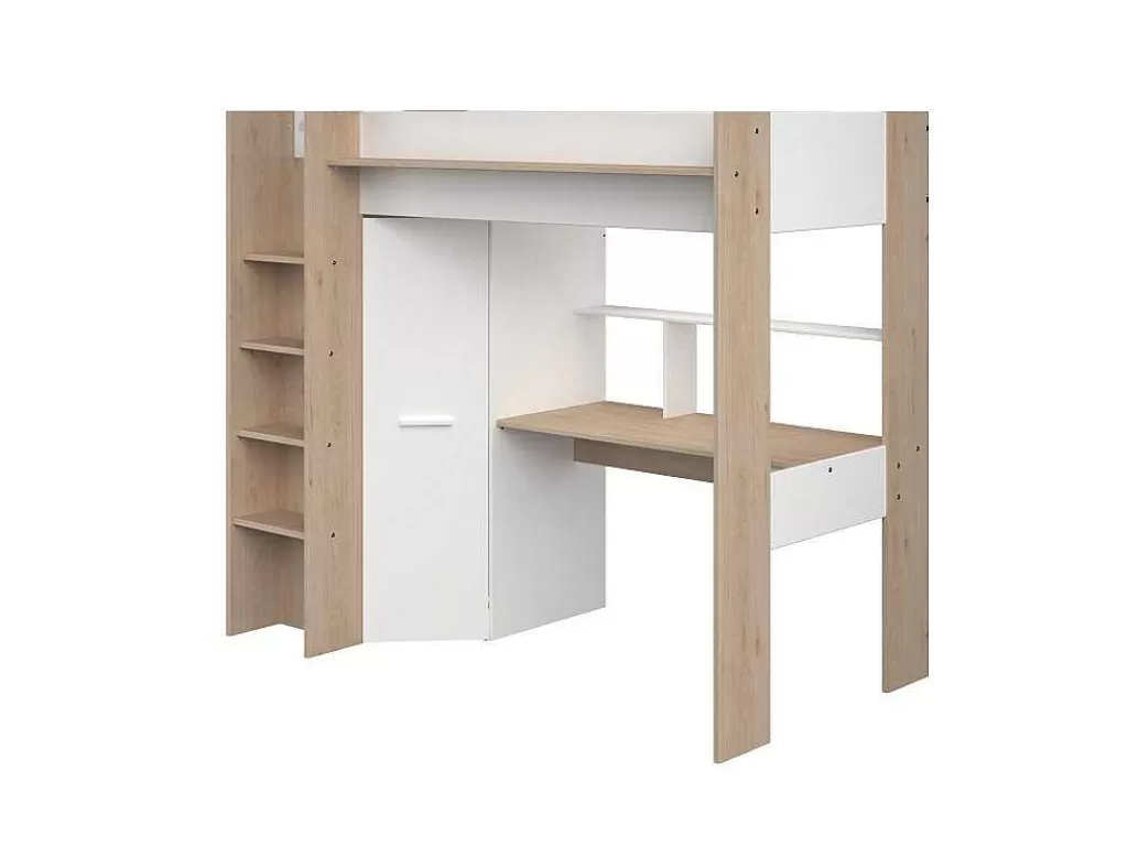 Cama Alta*Vente-unique Cama Alta Com Secretária E Guarda-Roupa 90 X 200 Cm Cor Branco E Natural + Colchão - Auckland