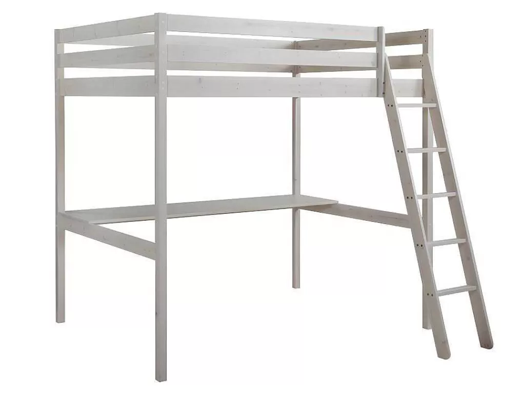 Cama Alta*Vente-unique Cama Alta De 140 X 190 Cm Com Secretária Em Pinho Macico Esbranquicado + Colchão - Gedeon Ii