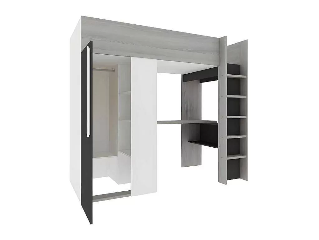 Cama Alta*Vente-unique Cama Alta De 90 X 200 Cm Com Armário E Secretária Em Antracite E Branco - Nicolas