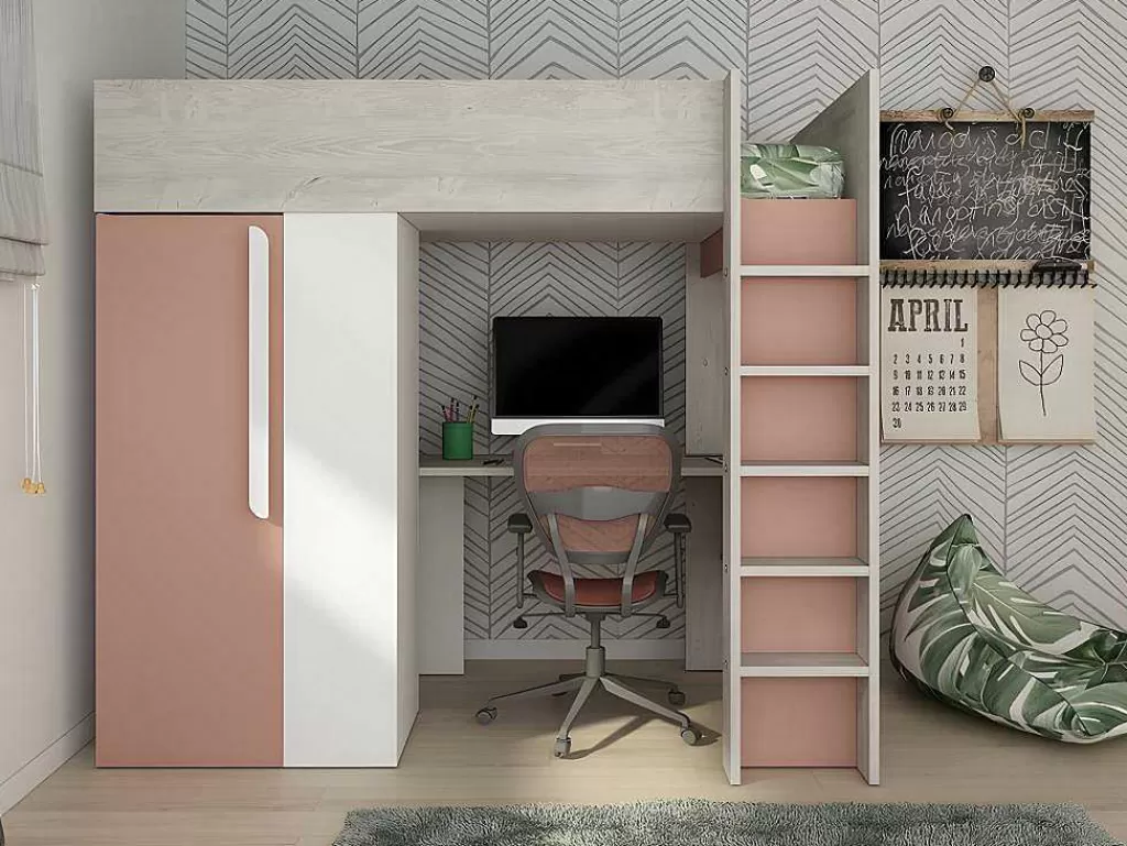 Cama Alta*Vente-unique Cama Alta De 90 X 200 Cm Com Guarda-Roupa E Secretária Cor-De-Rosa E Branco + Colchão - Nicolas