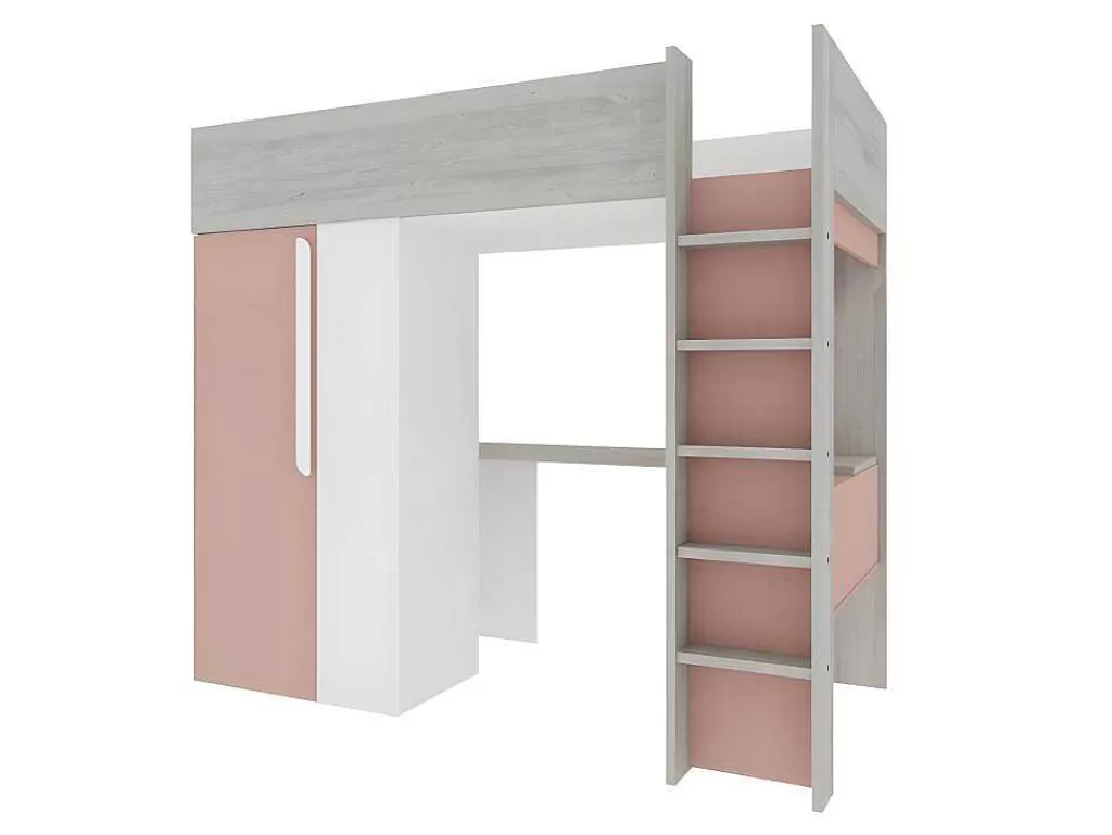Cama Alta*Vente-unique Cama Alta De 90 X 200 Cm Com Guarda-Roupa E Secretária Cor-De-Rosa E Branco + Colchão - Nicolas